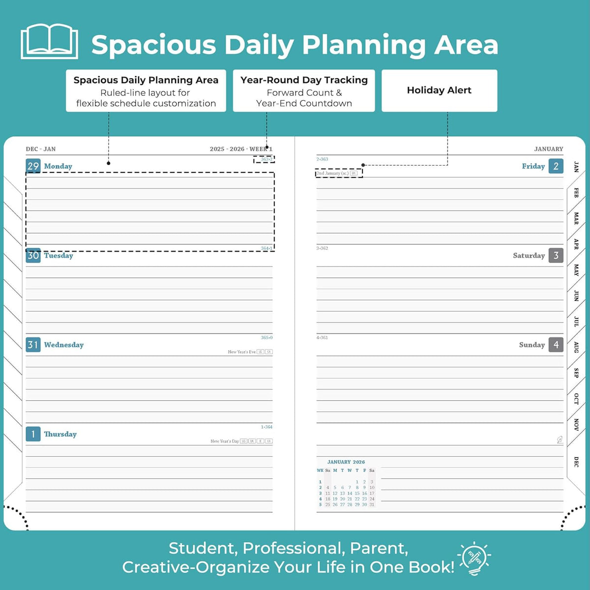 Planner 2026 Daily Weekly and Monthly,8.5"x6.5",12 Months Spiral Bound Calendar Agenda with Self-adhesive Pen Holder,2026 Appointment Book with Vegan Leather Soft Cover,Light Blue
