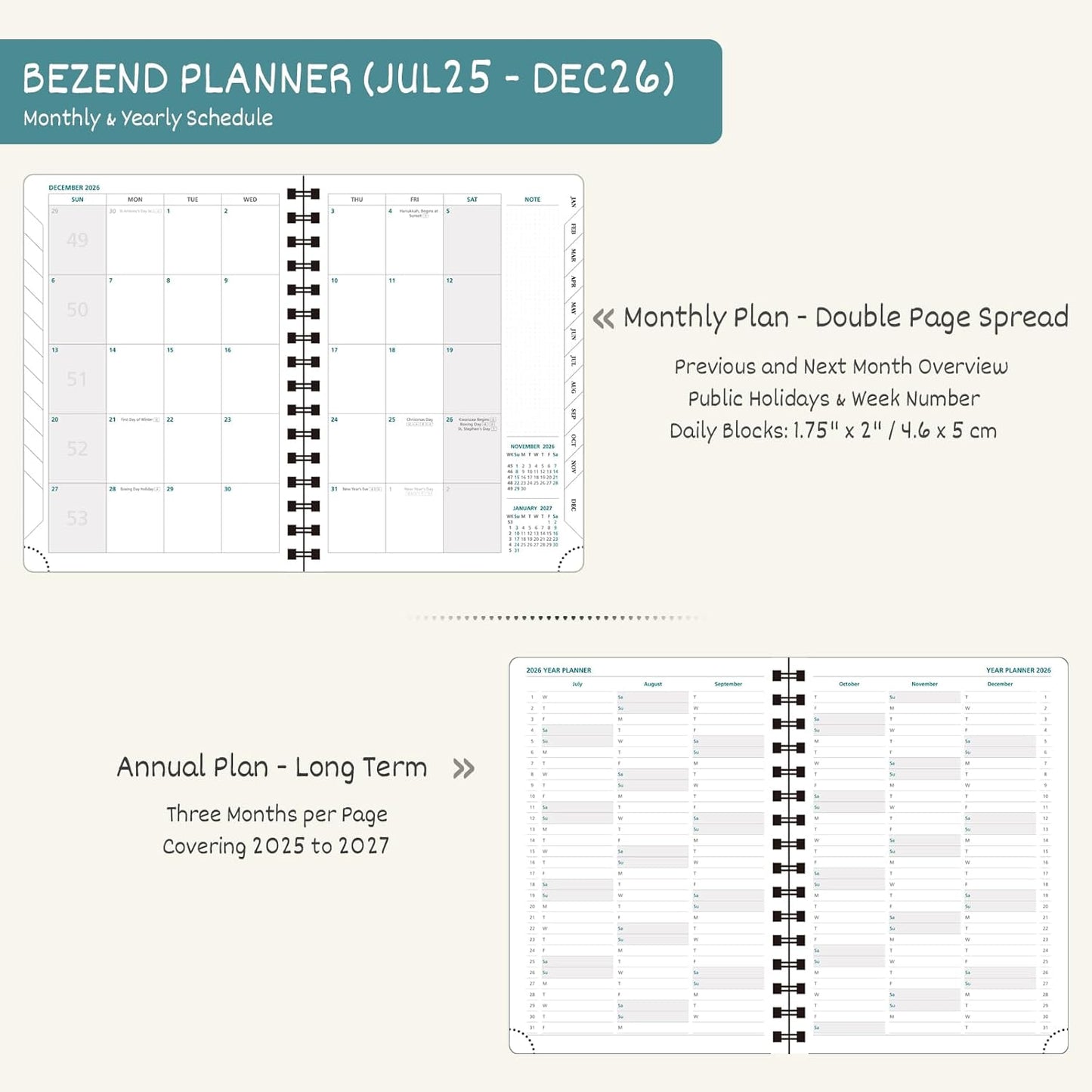 BEZEND Planner 2025-2026 Weekly and Monthly, 8.5" x 11" Academic Calendar (Jul 25-Dec 26) Vertical Daily Appointment with Hourly Timeslot & Monthly Tab, Spiral, PU Leather Softcover - Red
