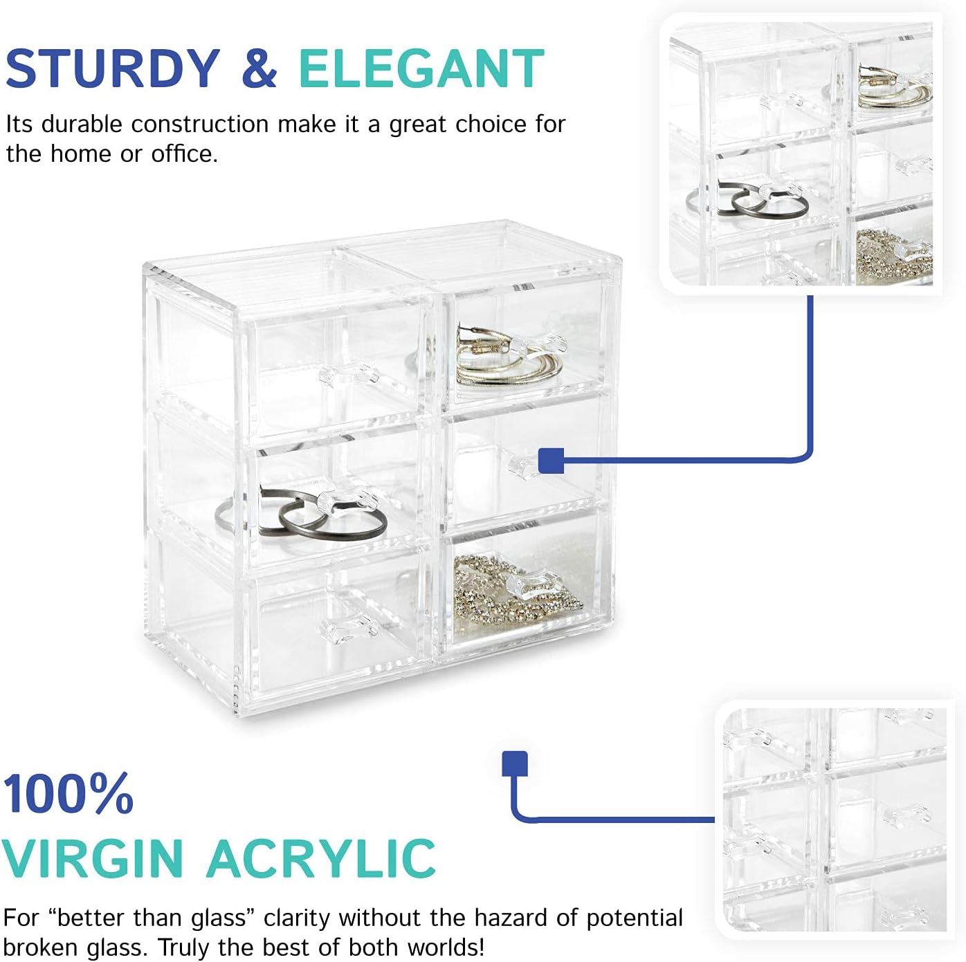 Huang Acrylic Stackable Upright 6-Drawer Jewelry Organizer Crystal Clear Acrylic | Makeup Jewelry Accessories Cosmetic Countertop Storage Display 3.15 x 5.75 x 6.75 inches | Shatter-proof Design