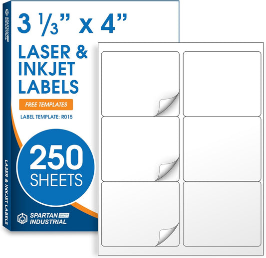 3 1/3" X 4" Matte White Shipping Labels Compatible with Inkjet and Laser Printers - 250 Sheets, 1500 Printable Stickers for Mailing, Product IDs, Organization - Spartan Industrial