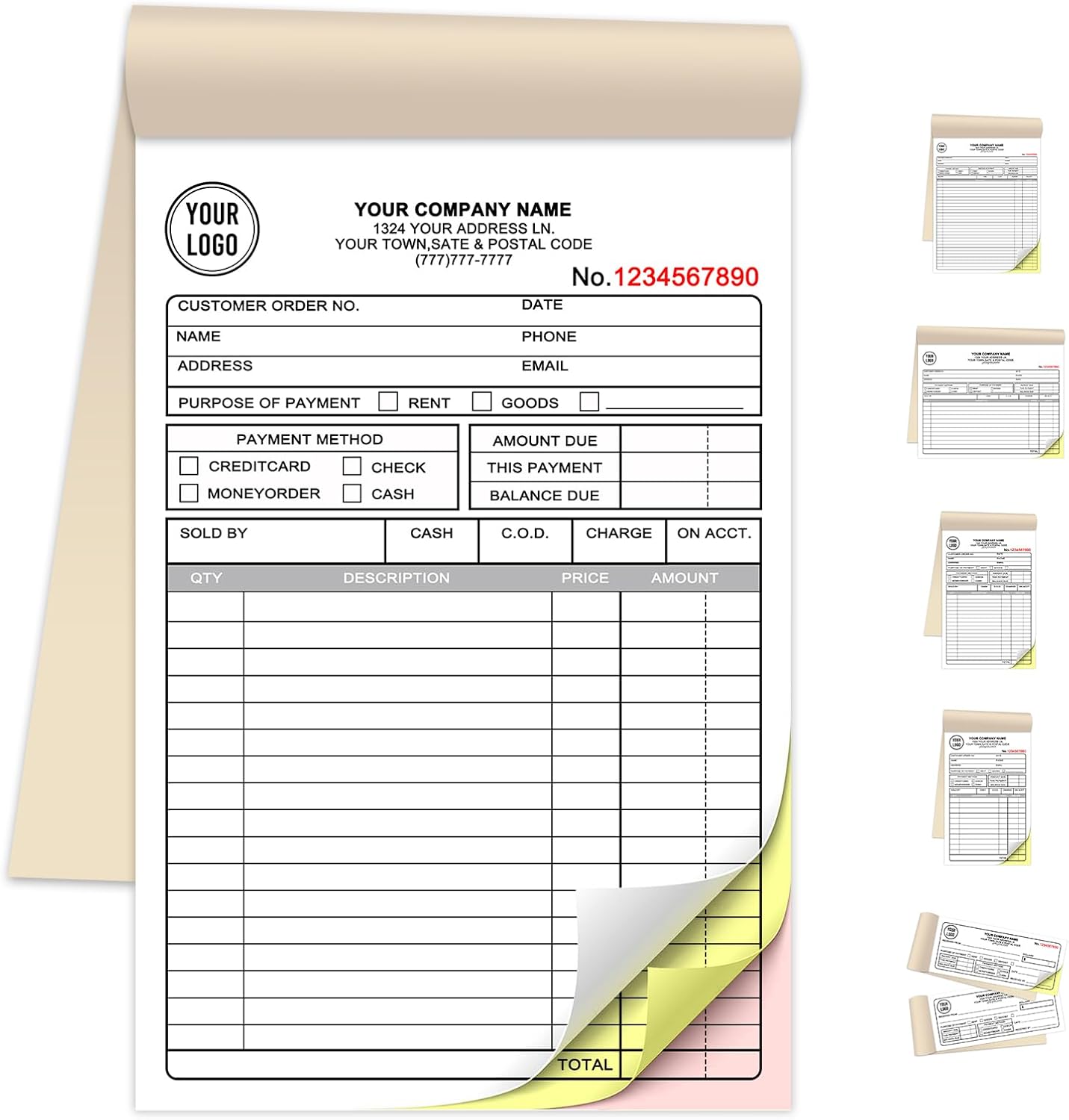 Custom Invoice Book for Small Business,5.5 x 8.5 Inches Invoice Receipt Book, 3-Part Carbonless Forms, Personalized Company Name, Address, Phone Number