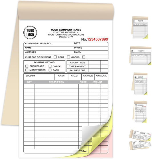 Custom Invoice Book for Small Business,5.5 x 8.5 Inches Invoice Receipt Book, 3-Part Carbonless Forms, Personalized Company Name, Address, Phone Number