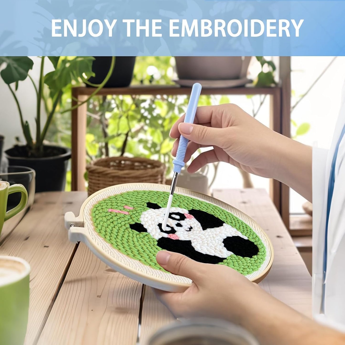 Danvk Panda Punch Embroidery Kit with Embroidery Fabric, Hoop,Scissor,Punch Needle and Yarns, Hand Craft Gift,DIY Embroidery Kits, Hand Punch Needle Kit for Women and Kids Beginners(Panda-Smiling)