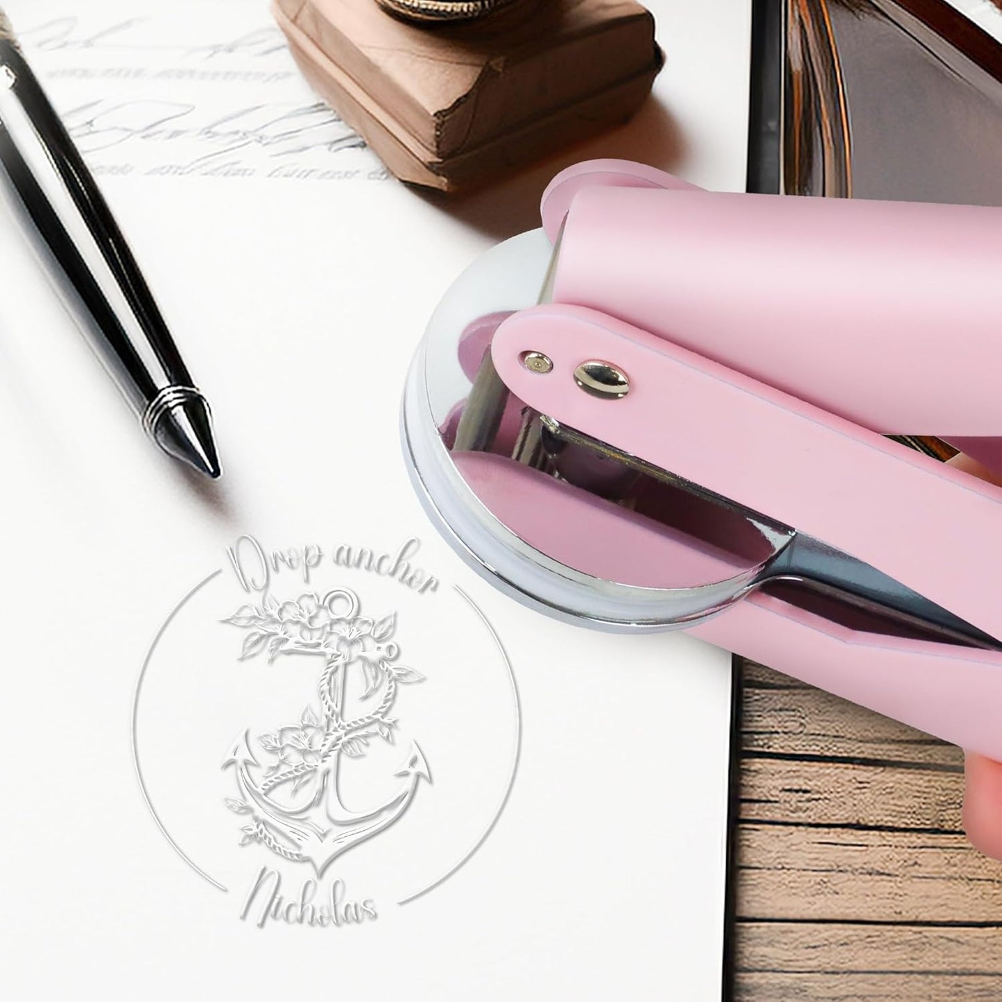 Custom The Library of Embossers Stamps Nautical Theme Color Self-Inking Stamp with Your Name & Design Ship Anchor Great for Personalized Books