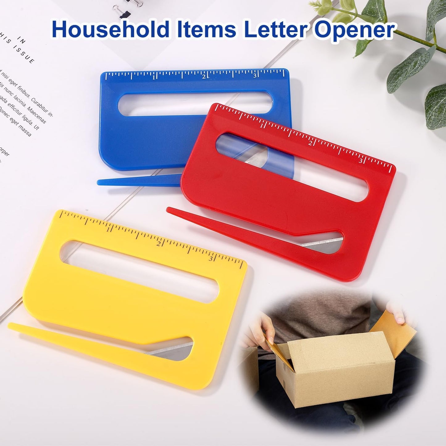 3pcs Magnetic Letter Openers, 3 Colors Envelope Opener Slitter Mail Cutter Tool with Scale and Magnifier with Transparent Storage Case for Women Package Home Office Supplies(Red, Yellow, Blue)