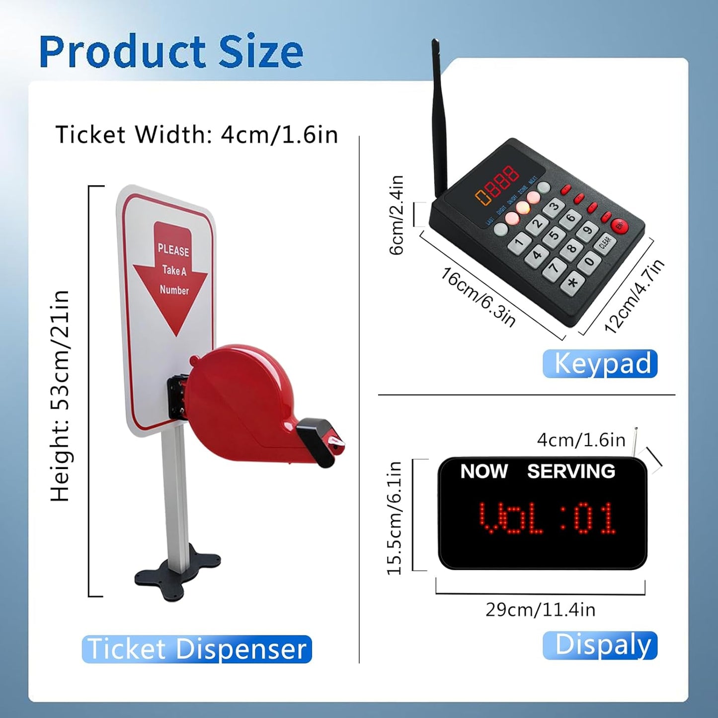 Take a Number System Waiting Number System with Ticket Dispenser 3 Digit Number Ticket Roll for Medical Clinic Restaurant Hospital Bank Queue Call for Haunted House(1 Keypad 1 Display 1 Ticket Dispenser)