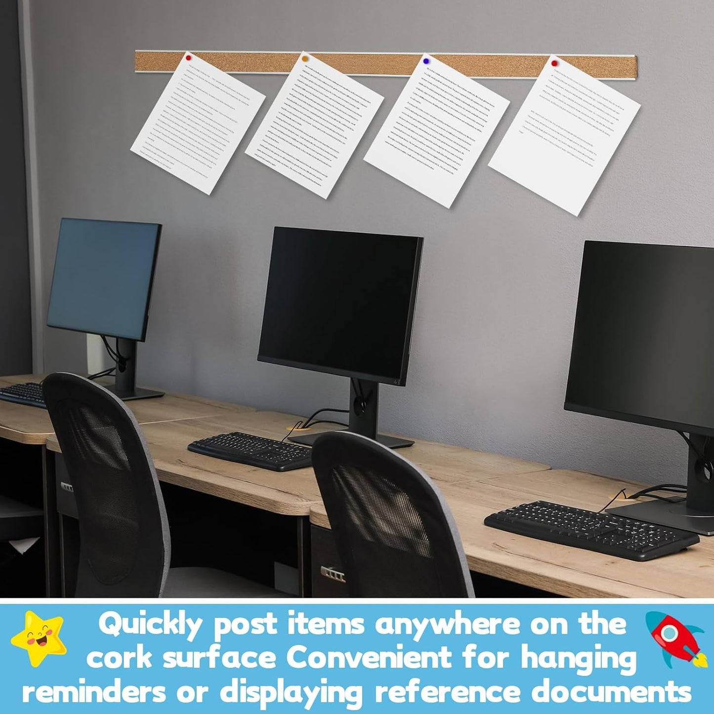 5 Pcs 72'' x 2" Cork Board Strip for Wall - Bulletin Bar Tack Board With Aluminum Trim - Brown Cork Strips for Classroom Office Walls Cubicle