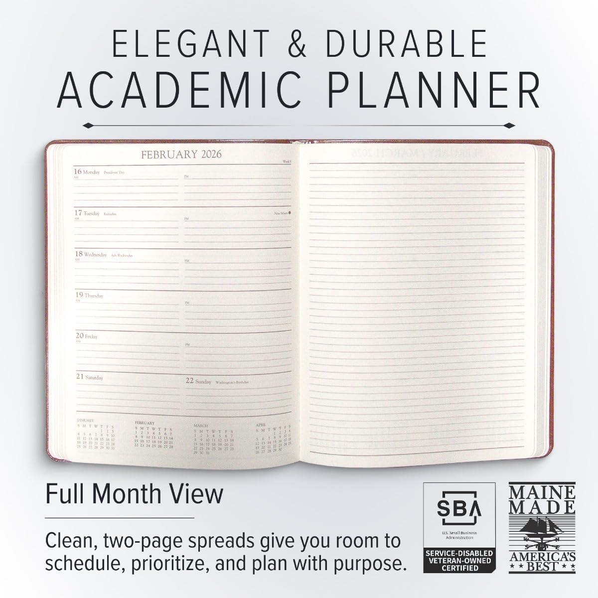 Gallery Leather Academic Planner 2025-2026, Teacher and Student Weekly Monthly Planner, Elegantly Bound Calendar with Gold-Gilded Page Edges, 18 Months - Acadia Hydrangea - 9x7"