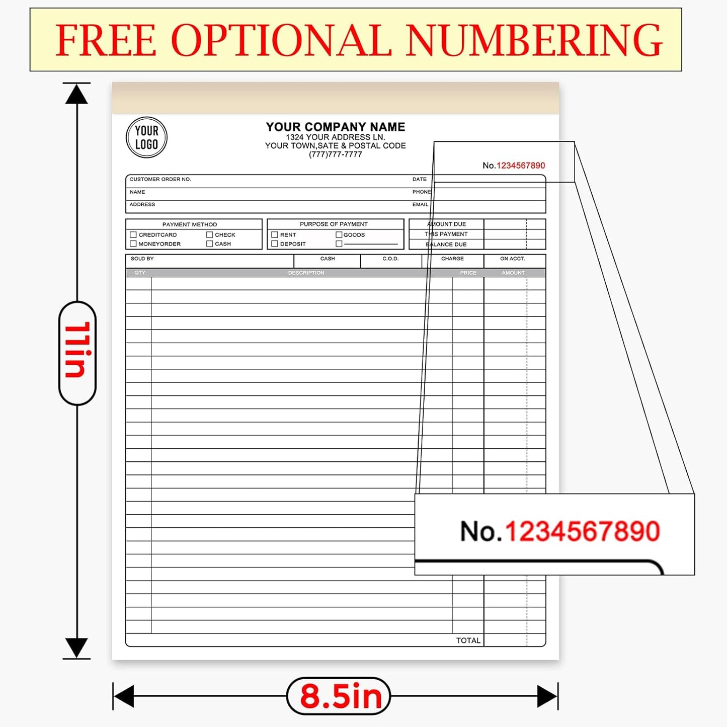 Custom Invoice Book for Small Business,8.5 x11 Inches Invoice Receipt Book, 3-Part Carbonless Forms, Personalized Company Name, Address, Phone Number
