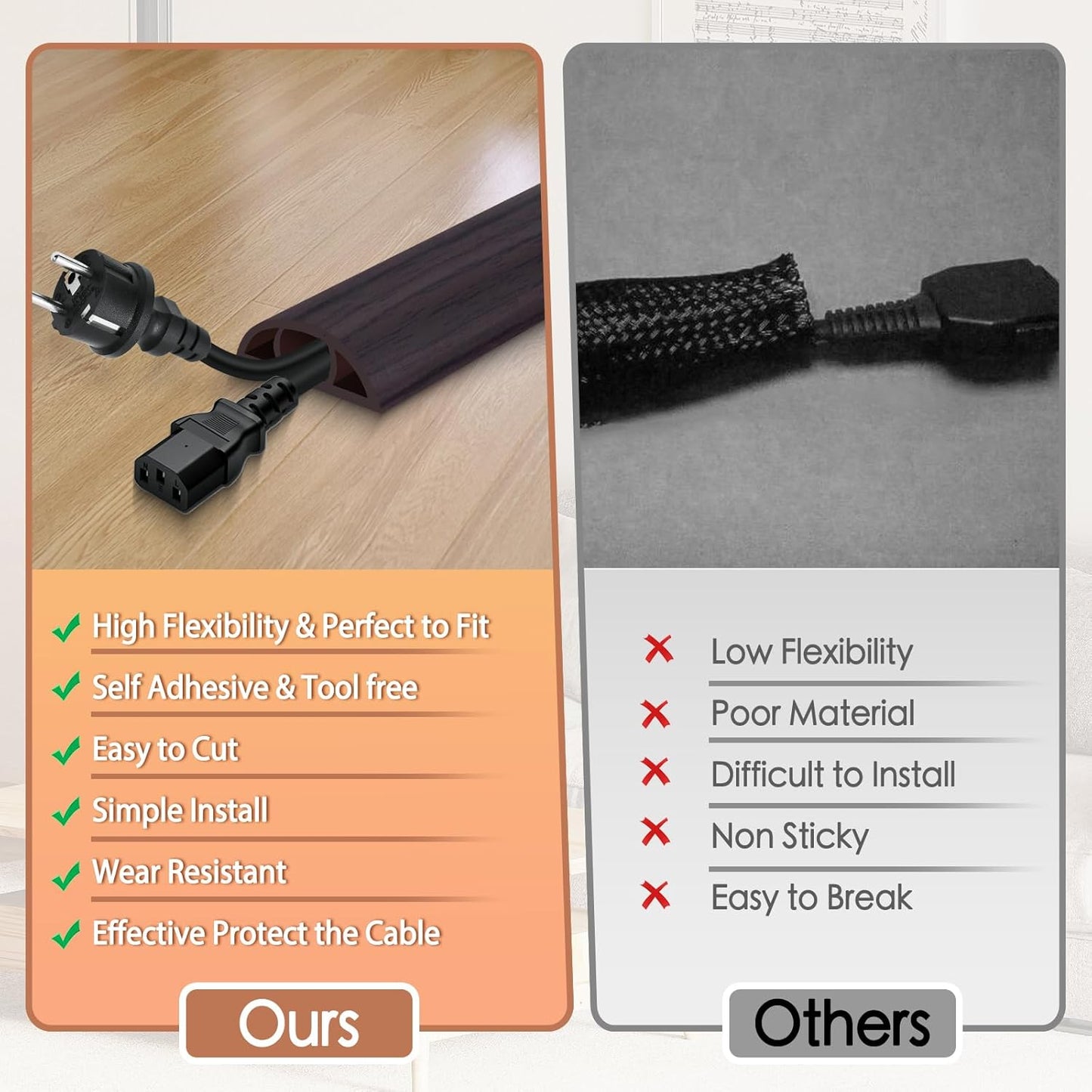 Floor Cord Cover for Wires on Floor Self Adhesive Cord Hider Floor Cable Management Wire Covers for Cords Protector Prevent Cable Trips Cord Cavity W 0.59" x H 0.31", Black Walnut, 10Ft