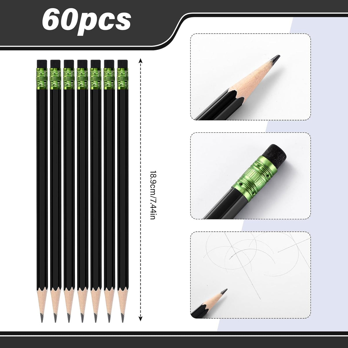 TecUnite 60 Pcs HB Pencils #2 Unsharpened Wood Cased Pencils with Eraser Hexagonal Pencil Cute Graphite No 2 Pen for Adults Gifts Exam School Office Sketching Learning(Black, Green)