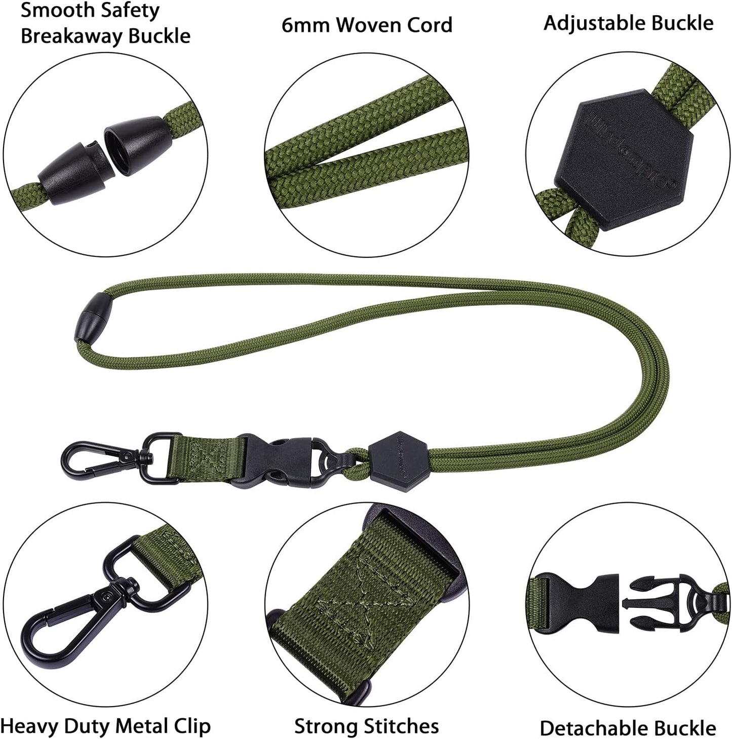Wisdompro 2 Pack of 23 inch Durable Round Cord Heavy Duty Lanyard with Safety Breakaway Buckle, Detachable Buckle and Metal Hook for ID Card Badge Holder and Keys - Blue and Army Green