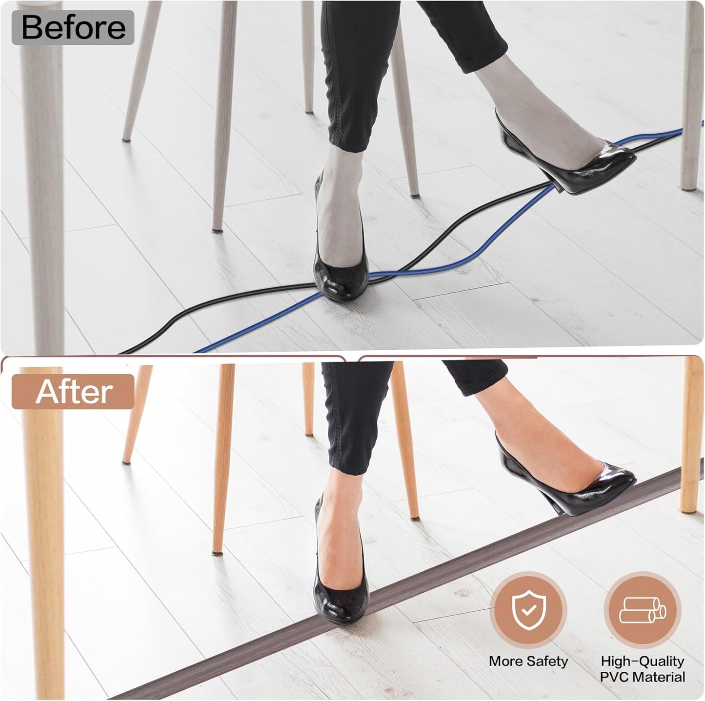 Floor Cord Cover Self Adhesive Cord Hider Floor Extension Cord Covers for Floor Power Cord Protector Cable Management Prevent Cable Trips Cable Cavity 0.32" W x 0.32" H (Brown Walnut Wood, 20Ft)
