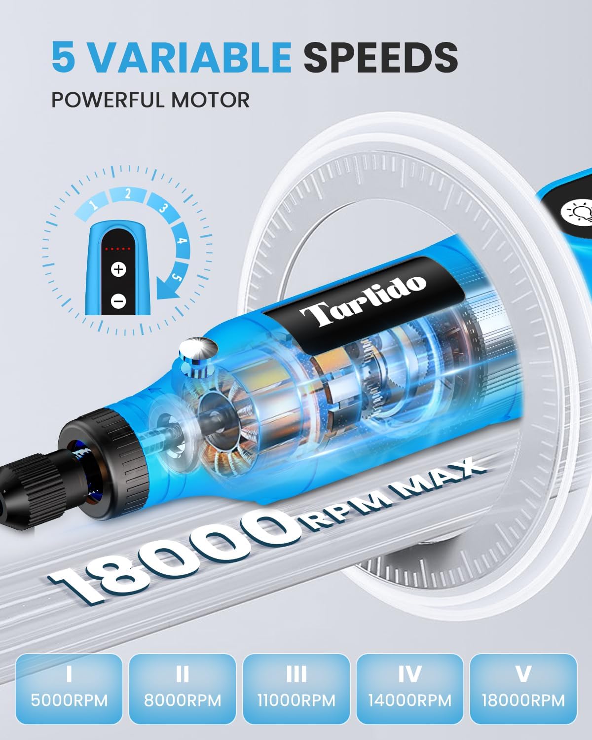 Cordless Rotary Tool Kit, 3.7V 2.0Ah Rechargeable Battery, 18000RPM 5-Speed Multi Power Carving Tools, 31Pcs Accessories, Engraving, Sanding, Grinding, Polishing, Carving, Etching, DIY-Blue ﻿