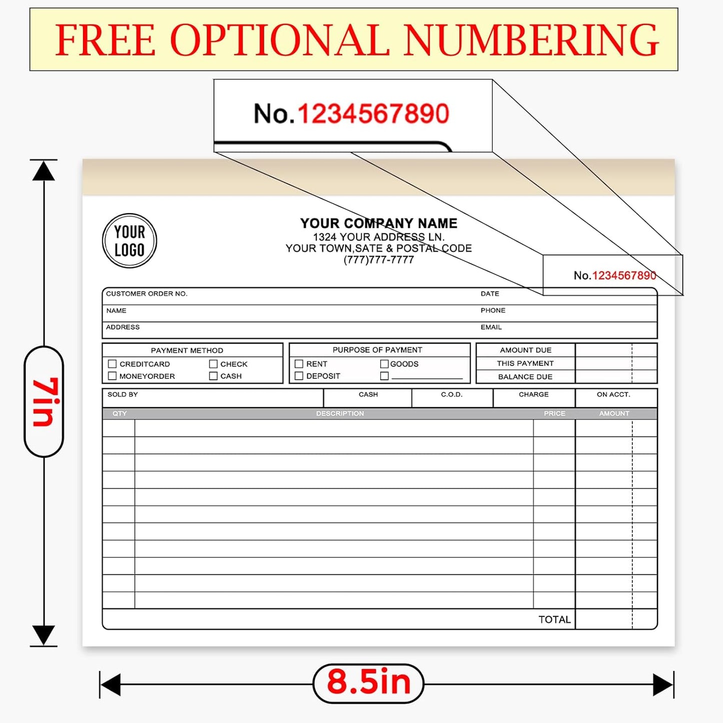 Custom Invoice Book for Small Business,8.5 x 7 Inches Invoice Receipt Book,2-Part Carbonless Forms, Personalized Company Name, Address, Phone Number