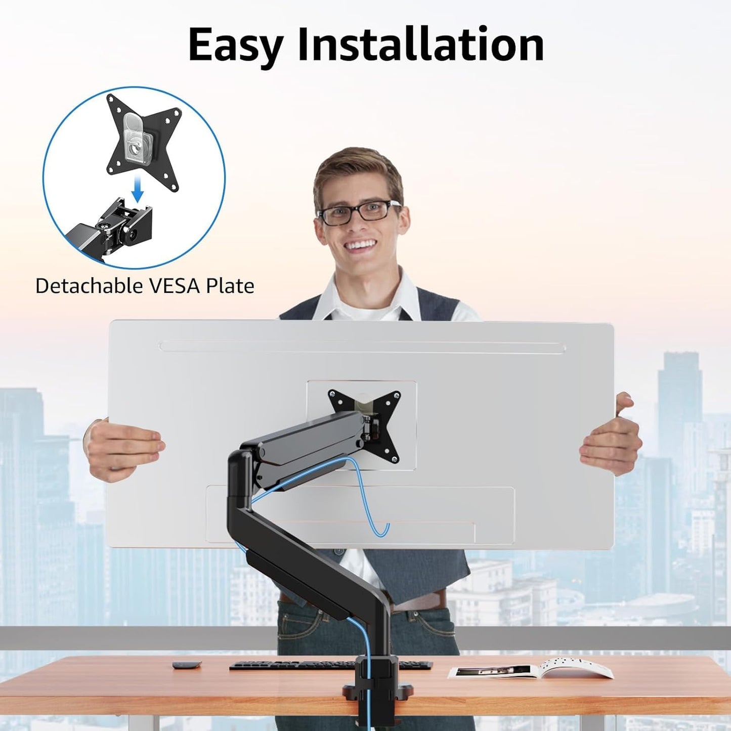 MOUNTUP Single Monitor Mount fits 43 42 40 39 37 34 32 27 inch Ultrawide Screen, Holds 6.6-33lbs, Computer Monitor Arm Desk Mount, Heavy Duty Gas Spring Monitor Stand with C-clamp/Grommet Base
