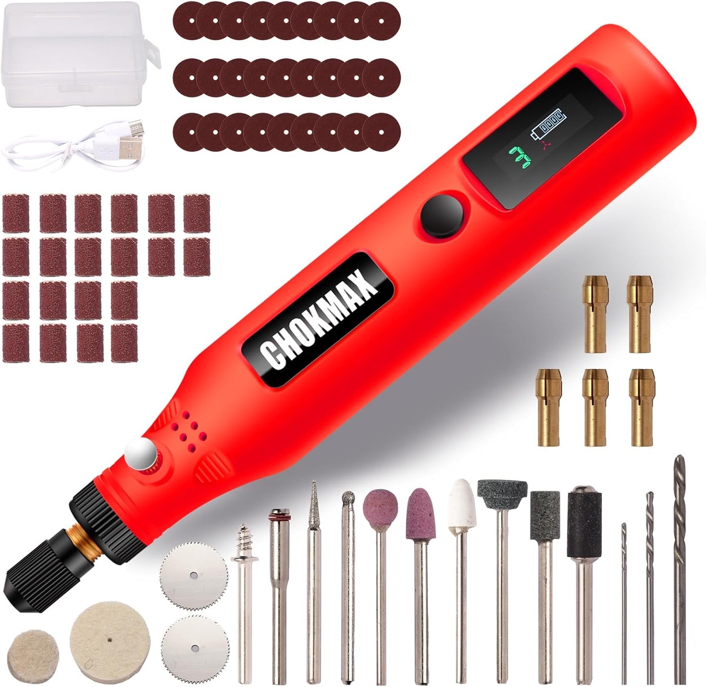 Mini Cordless Rotary Tool with Work Screen, 3-Speed Grinder Kit with 72 Accessories, Type-C Charging Art Craft Tool for Sanding, Polishing, Grinding and Small DIY Craft Job Red
