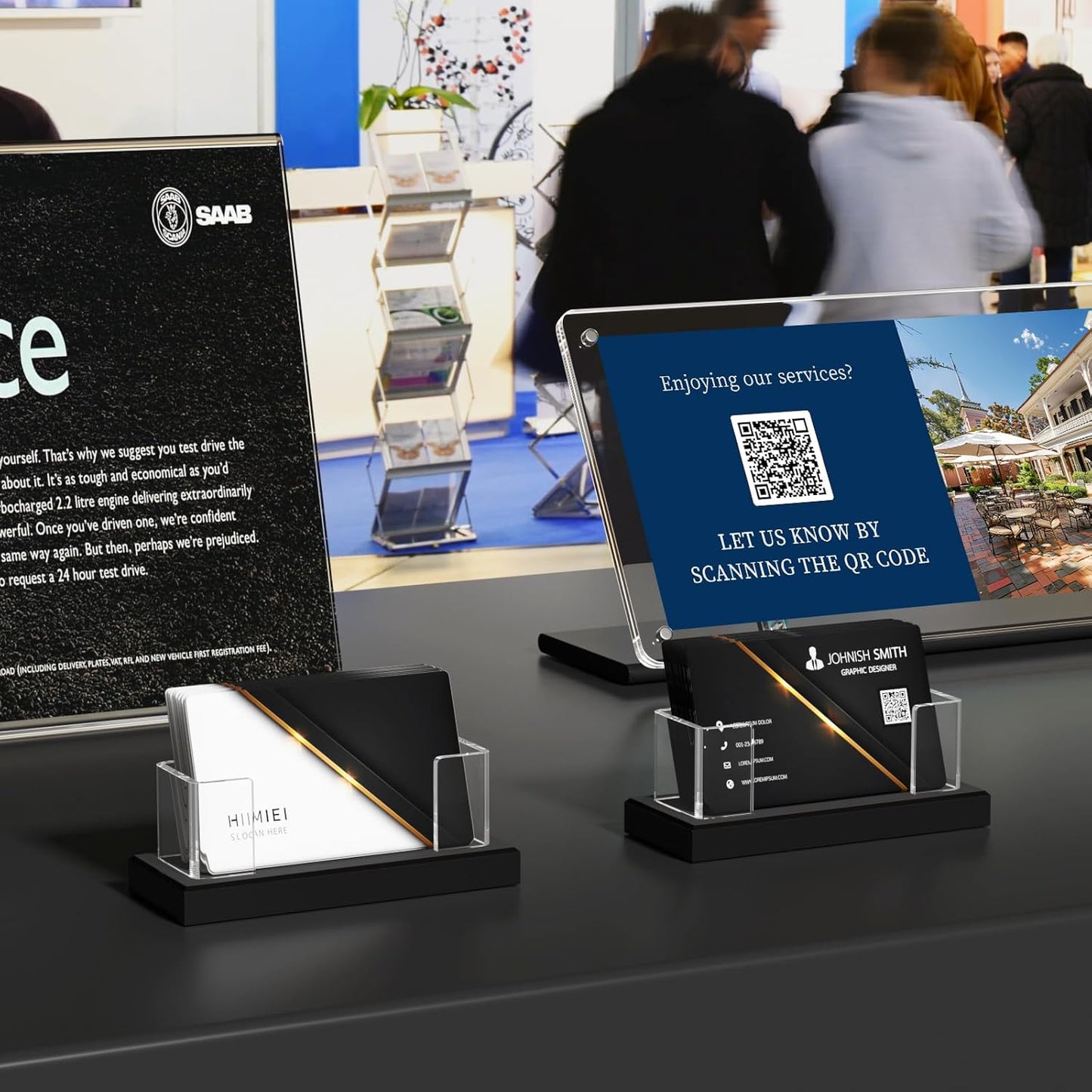 HIIMIEI Business Card Holder Acrylic: 2 Pack Business Card Display for Desk - Clear Business Card Stand for Office Reception Event Conference Room Desktop