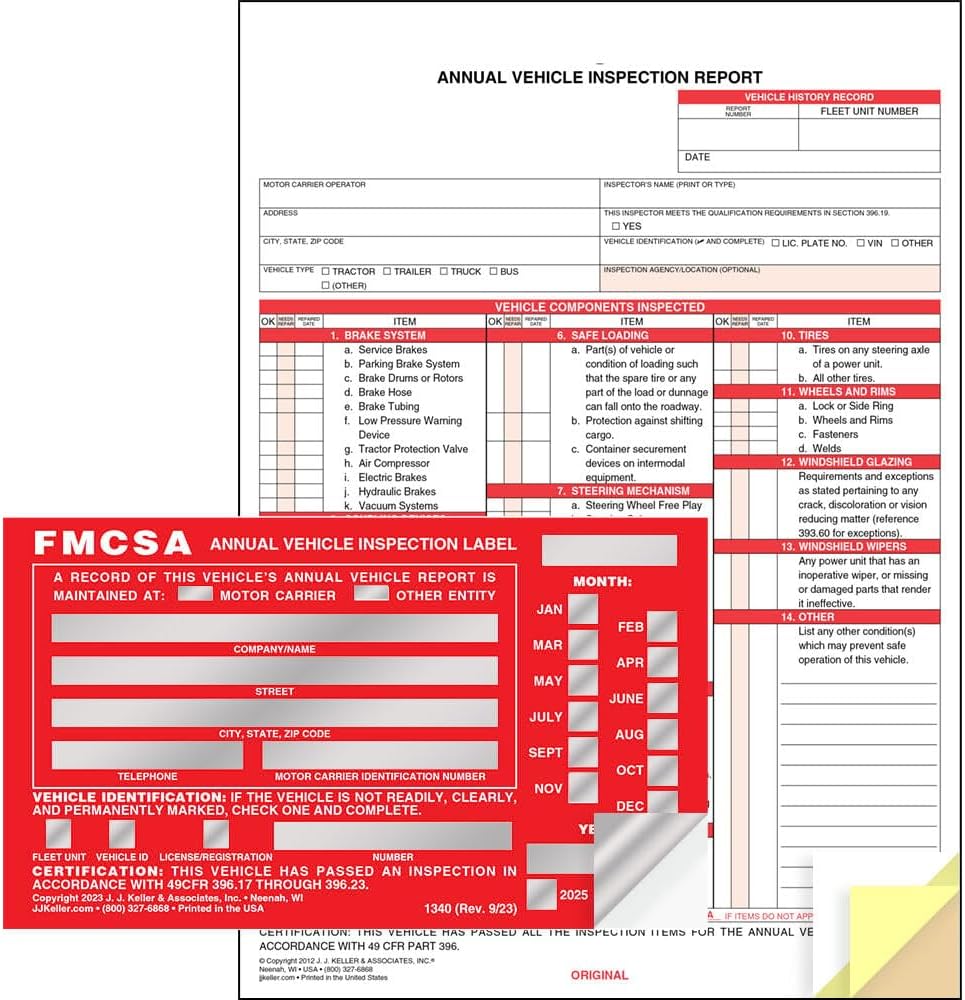 J. J. Keller 25-Pack, Annual Vehicle Inspection Report Form & Red FMCSA Label Aluminum, 3-Ply Carbonless Form, DOT Compliant
