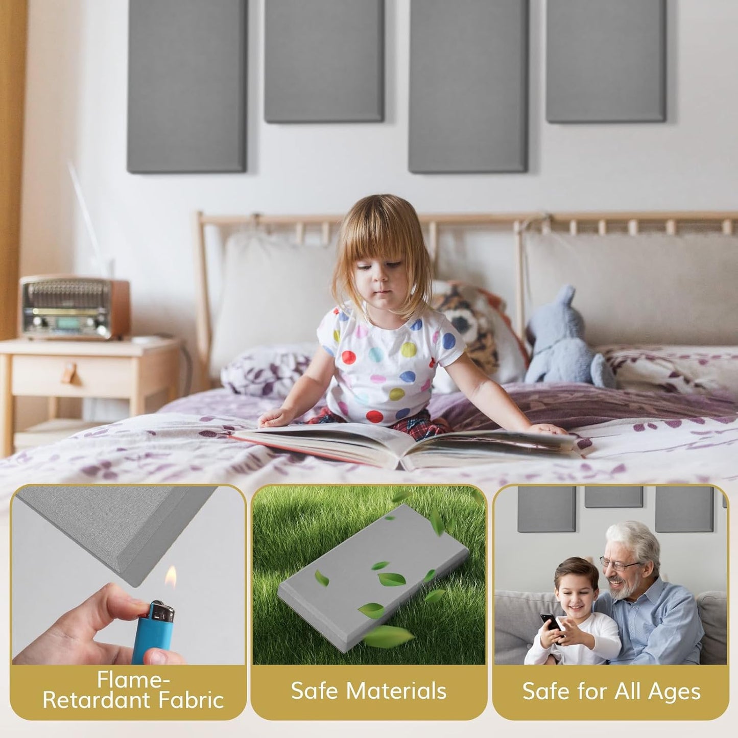 TONOR 4 PCS Large Acoustic Panel, 35.4″ * 11.8″ * 2.36″ 3D Fiberglass Sound Proof Panel with Full Self-adhesive, Decorative Echo Absorbing Wall Panel, for Studio, Living Room, Home, Office,Beige