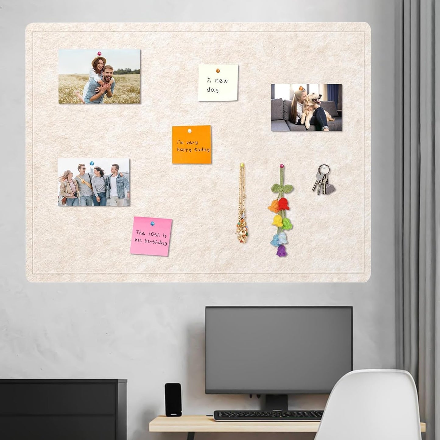 Bulletin Board, 36 X 24 inches Cork Board with 20 Pushpin, Felt Cork Board Notice Pin Board, Self-Adhesive Vision Board Mood Board Foldable Photo Board for Wall - Oatmeal