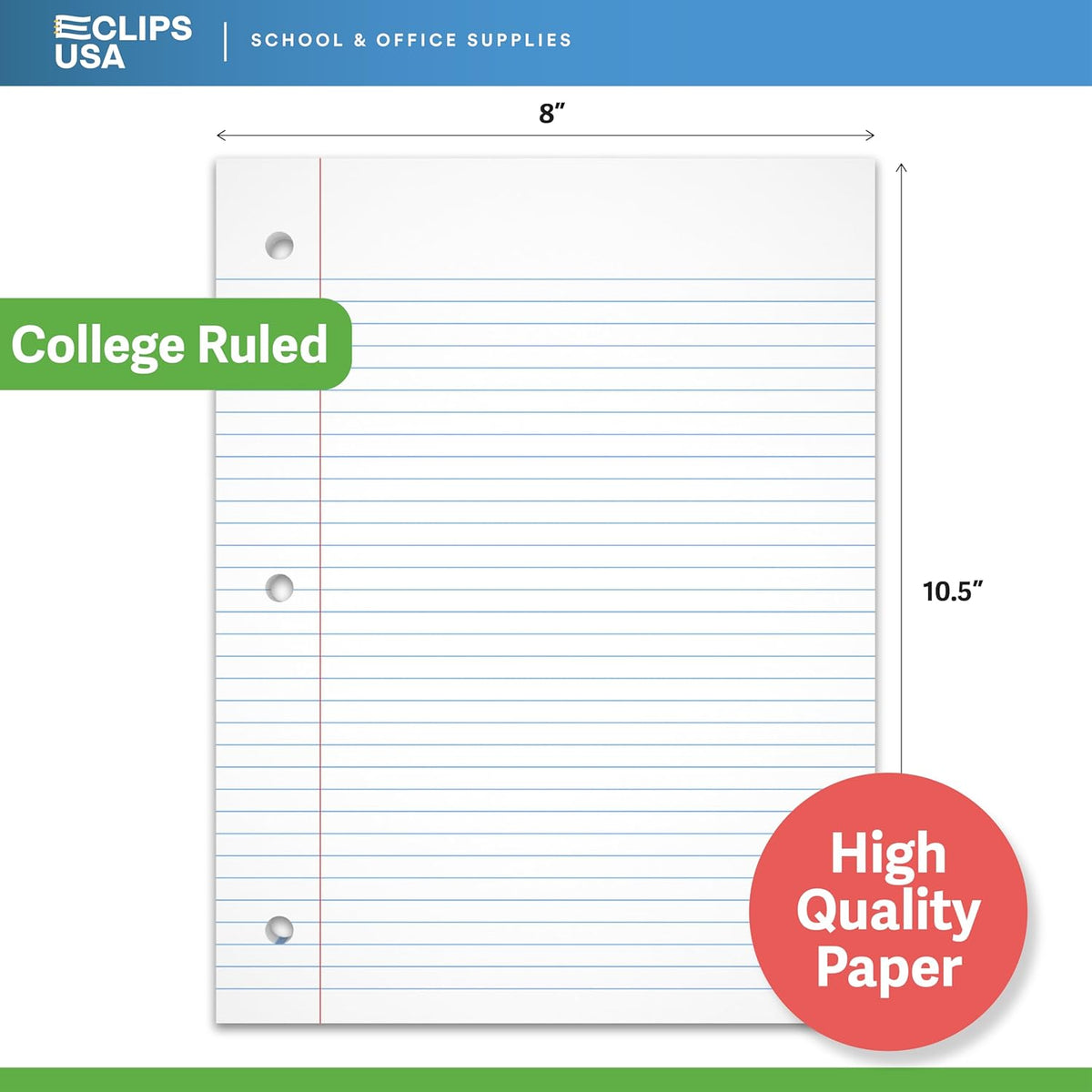 Notebook Paper, College Ruled Loose Leaf Paper (3 Pack), Filler Paper, 10.5” x 8”, Filler Paper, 200 Sheets Per Pack, 60 gsm (3 Pack)