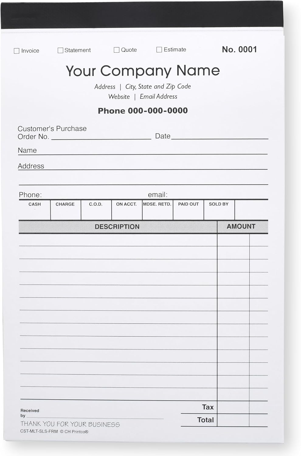 CH Printco Custom Sales, Invoice, Statement, Estimate, Quote, Personalized Multipurpose Duplicate Carbonless Form with Your Company Name - 2 Books (100 Sets) 5-1/2" Wide x 8-1/2" Tall.