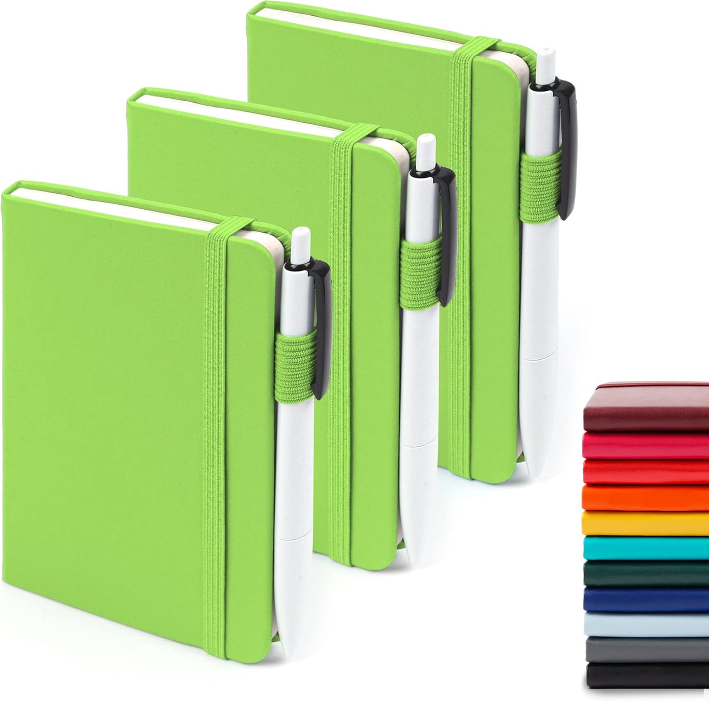feela 3 Pack Pocket Small Notebook Journals, Mini Cute Memo Notepad Hardcover College Ruled Lined Journals with Pen Holder for Women Girls Office School, with 3 Black Pens, 3.5”x 5.5”, A6, Green