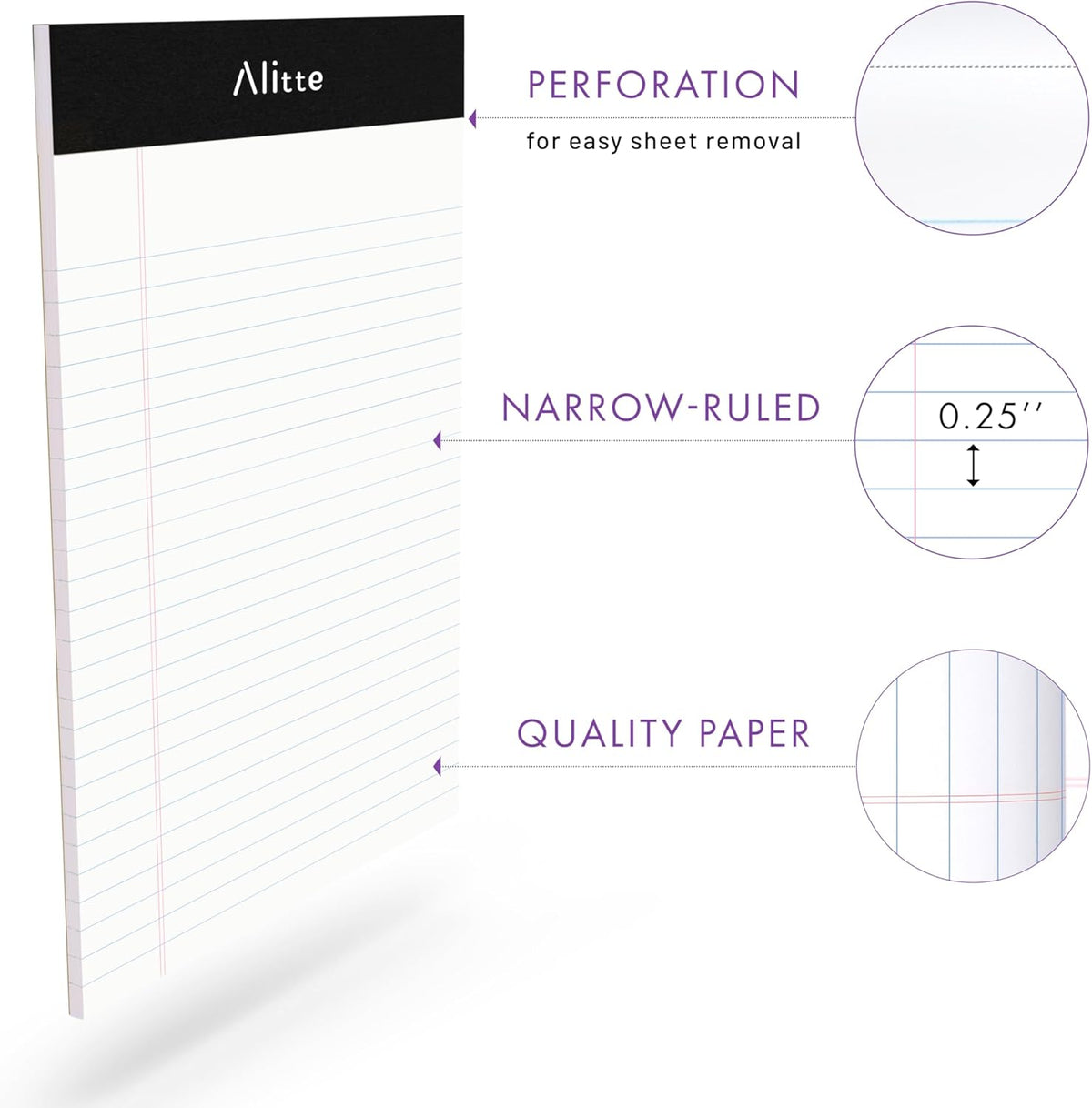 Legal Notepads 5x8, Pack of 6 - Perforated Narrow Ruled Writing Pad - Premium Thick Paper, No Ink Bleeding - Blank Legal Pads For Home, Office, School, Business - 50 Sheets Per Notebook
