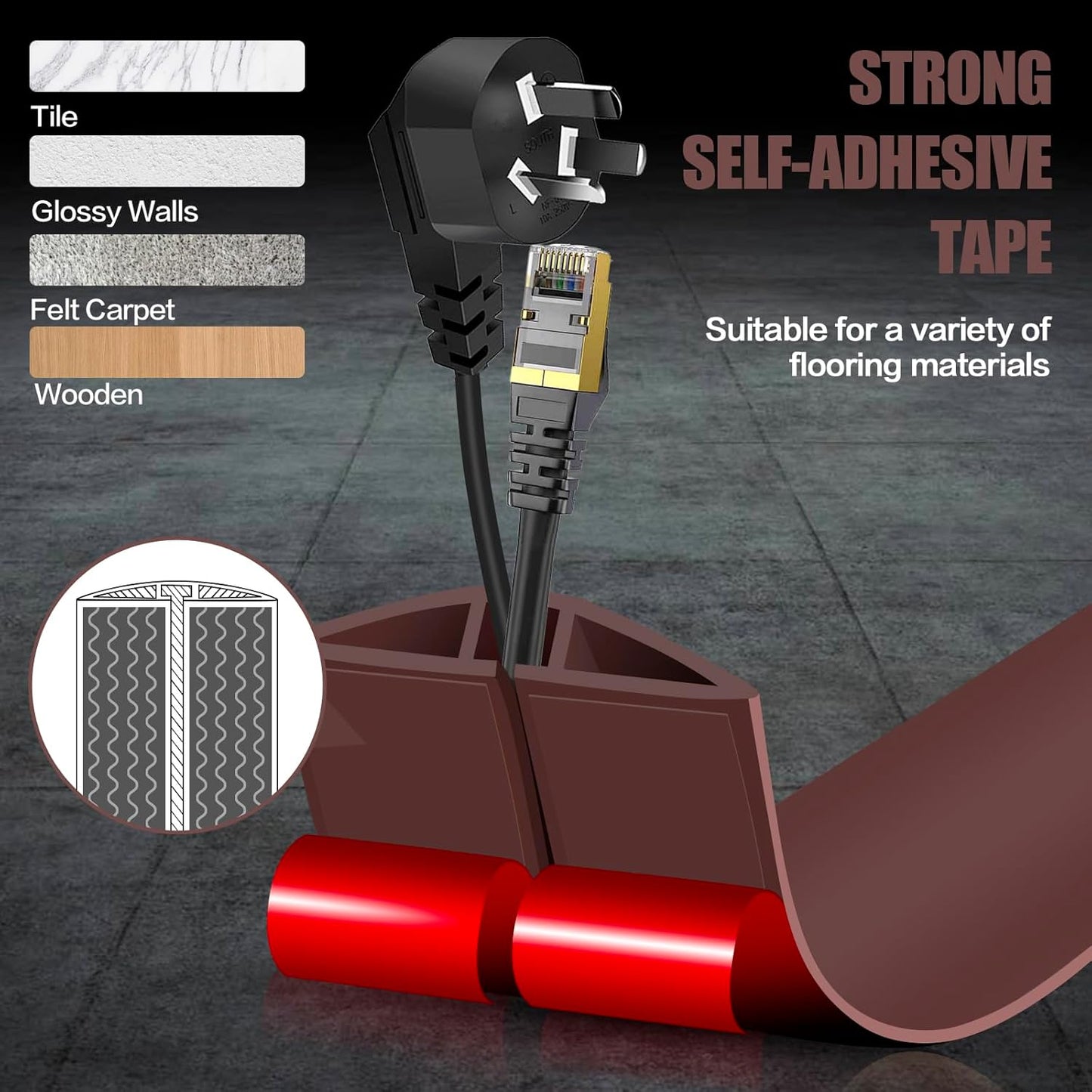 Floor Cord Cover Self Adhesive Cord Hider,10FT Cable Management, Extension Strip Protector for Wires, Prevent Cable Trips for Offices, Gyms, Exhibitions Cavity:0.51"(W) x 0.3"(H) Coffee