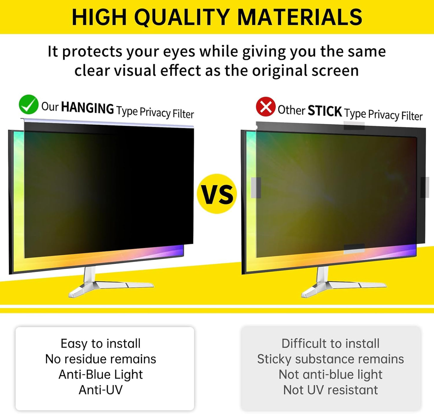 〔2-Pack〕 27 Inch Computer Privacy Screen Filter for 16:9 Monitor, Anti-Blue Light, Anti-UV Blue Light Blocking Removable Privacy Protector Shield, Hanging Type