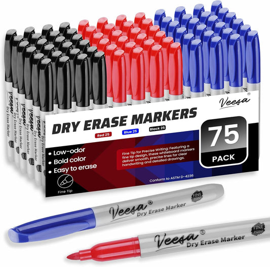 VEESA Dry Erase Markers Assorted Colors (Red/Blue/Black), 75 Pack Low-Odor Whiteboard Marker Pens Bulk, Office Series, Teacher Supplies