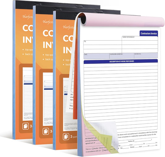 Large Contractor Invoice Book, Invoice Receipt Book for Small Business, 3 Part Carbonless Work Order Estimate Forms, 8x11 in, 200 Sets (4 Books)