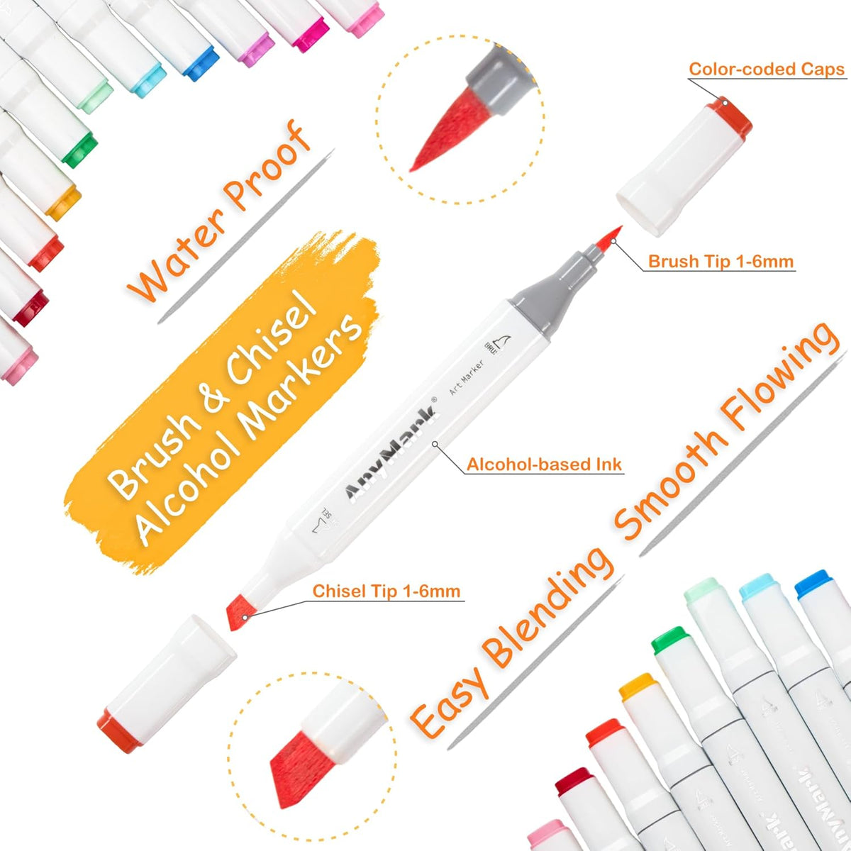 AnyMark Alcohol Markers Brush Tip, 120+1 Colors Dual Tip Brush & Chisel Alcohol-Based Art Markers Set with Case for Kids Adult Artists Drawing Coloring