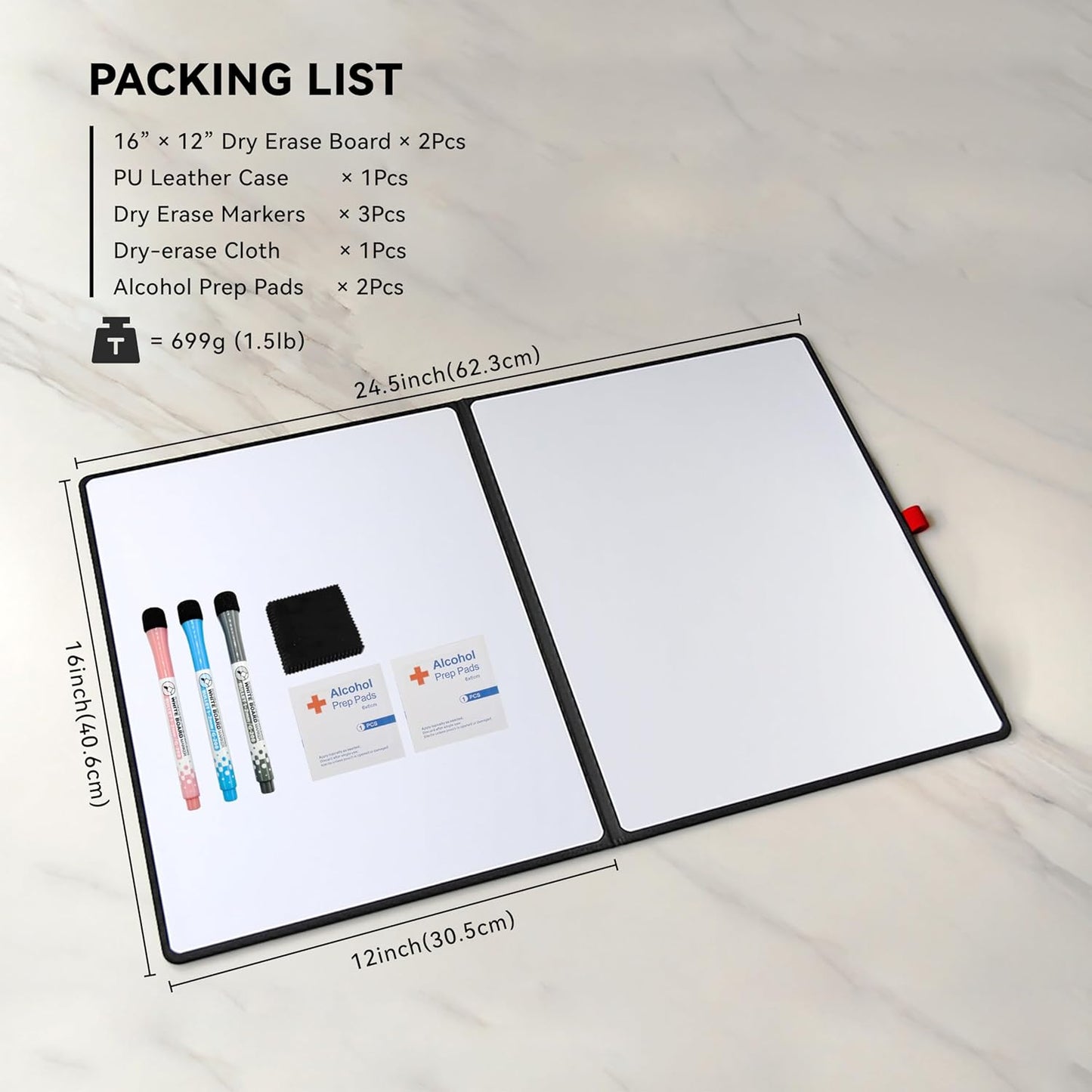 Double-Sided White Board 16×12inch - Expands to 24“×16” Dry Erase Board with 3 Markers & Anti-Ghosting Surface | Magnetic-Ready | Ultra-Thin for Office,School,Travel,Home(16"×12"-Black)