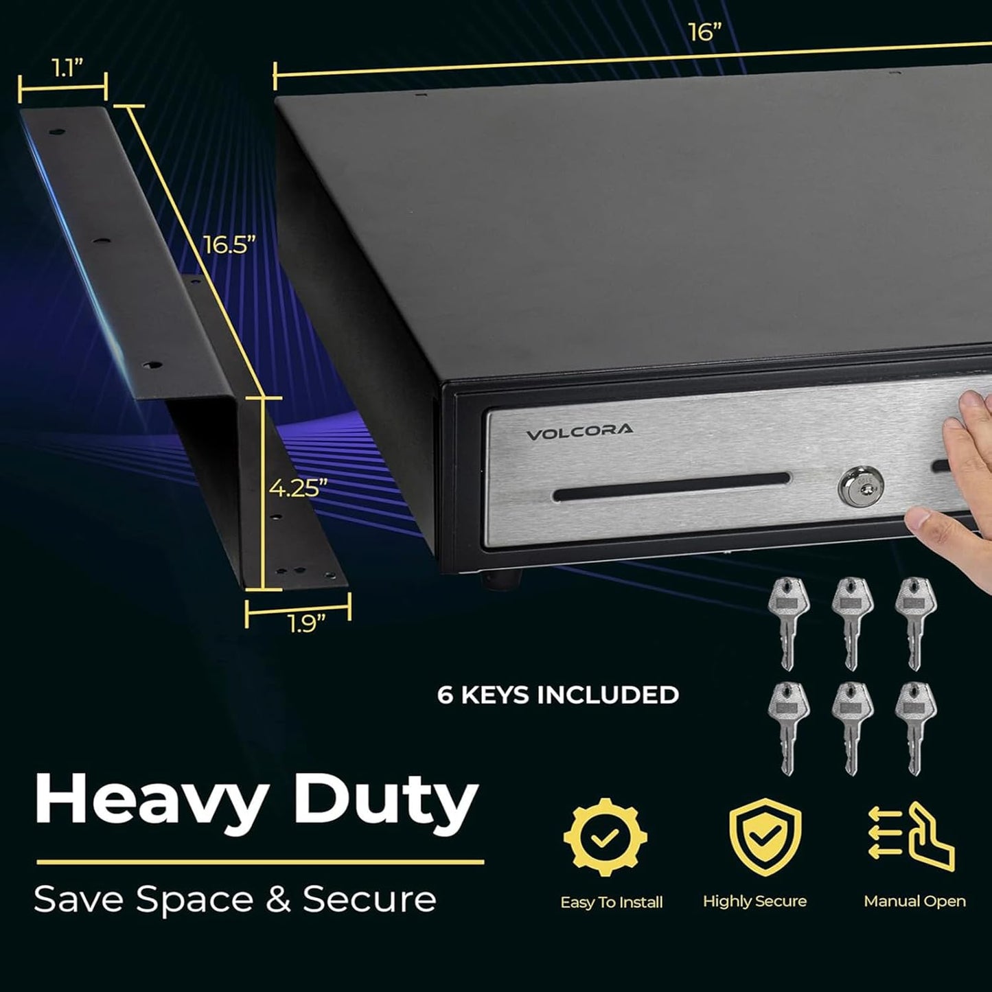 Push Open Cash Register Drawer with Under Counter Mounting Metal Bracket - 16" Black/Stainless Steel Front Cash Drawer for POS, Removable 5 Bill 8 Coin Tray, Key Lock, Media Slots