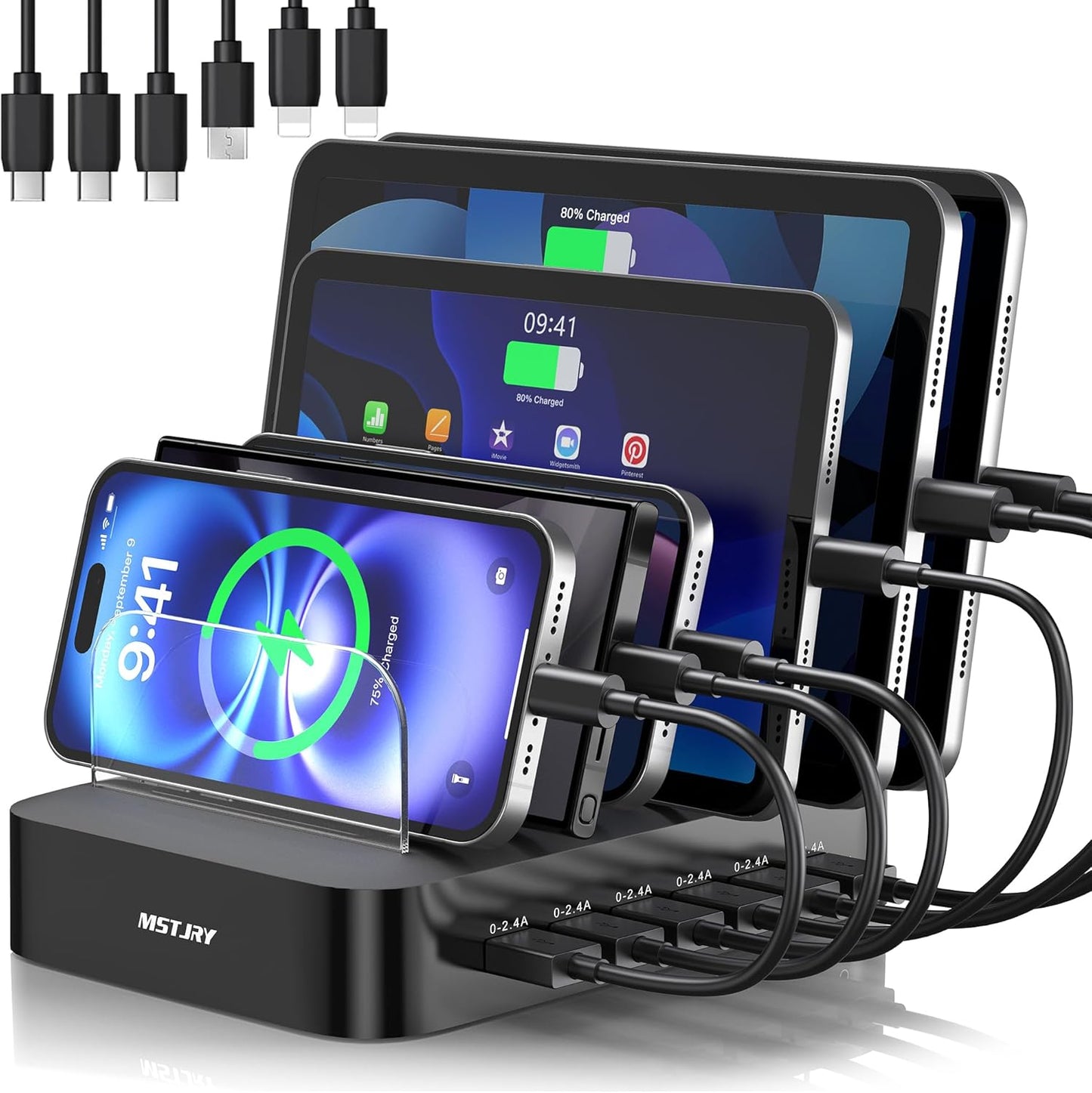 MSTJRY Charging Station for Multiple Devices : 6 Port USB Charger Stations - Family Multi-Device Organizer Charging Dock - Designed for iPhone iPad Android Cell Phone Tablet and Electronic, Black