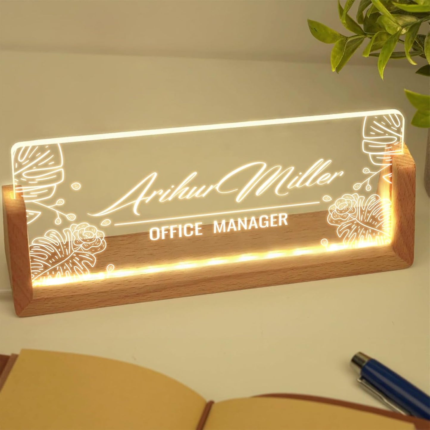Custom Name Plate for Desk with Light Up Acrylic & Wooden Base - Personalized Office Sign for Teacher, Boss, Coworker - Employee Appreciation Gift for Educators Professionals