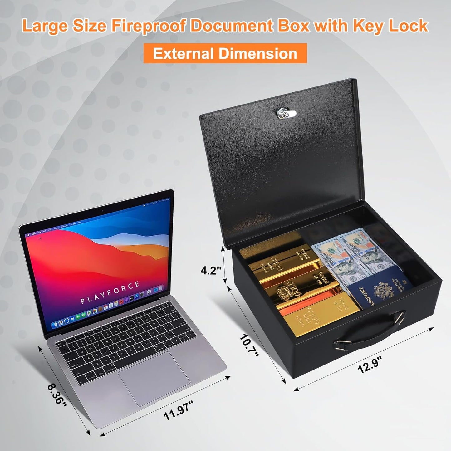 KYODOLED Fireproof Document Box with Key Lock, Large Safe Storage Box for Valuables, Fire Resistance Security Chest, Lock Box for Passport, Cash, Tablet 12.9'' x 10.7'' x 4.2'' Black
