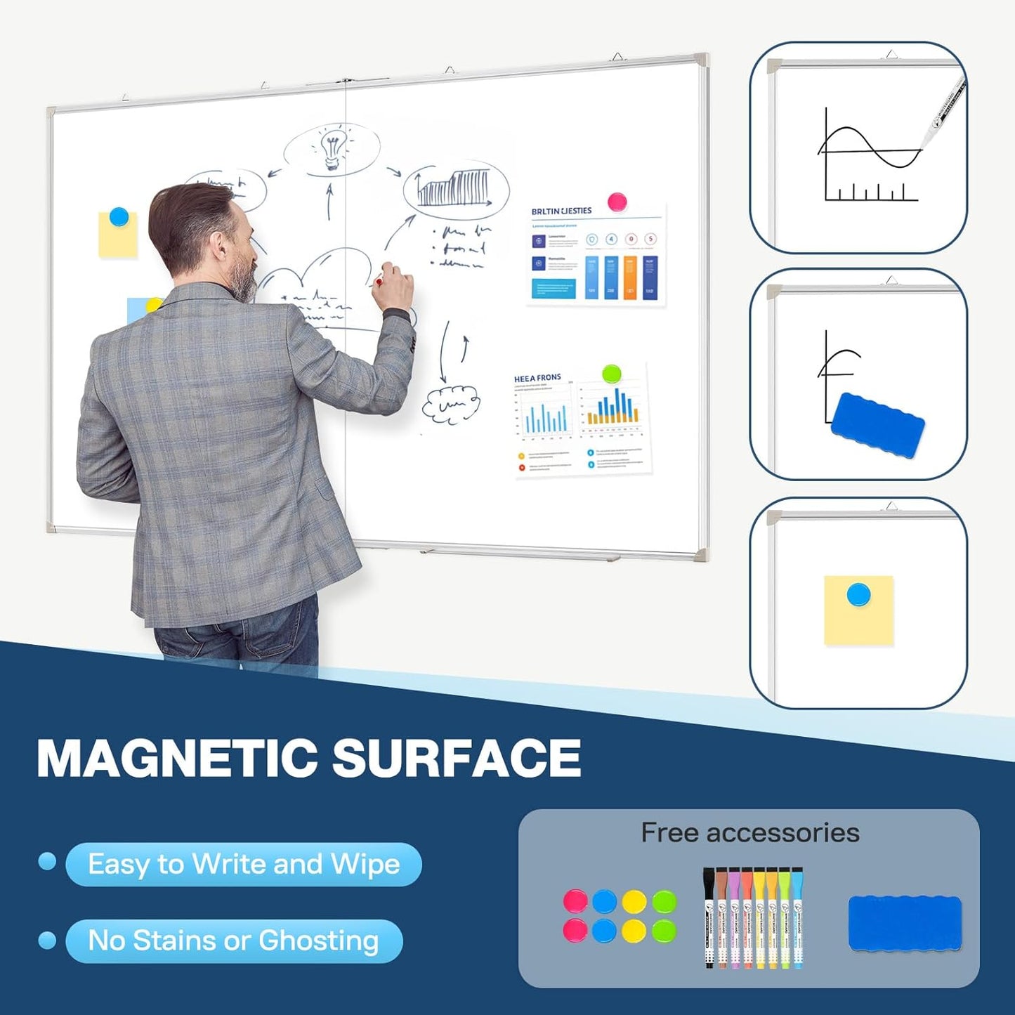 WALGLASS Large White Board Dry Erase Board, 60" x 40" Double-Sided Foldable Dry Erase Board for Wall, Magnetic Whiteboard for Office, Home, School, Kitchen