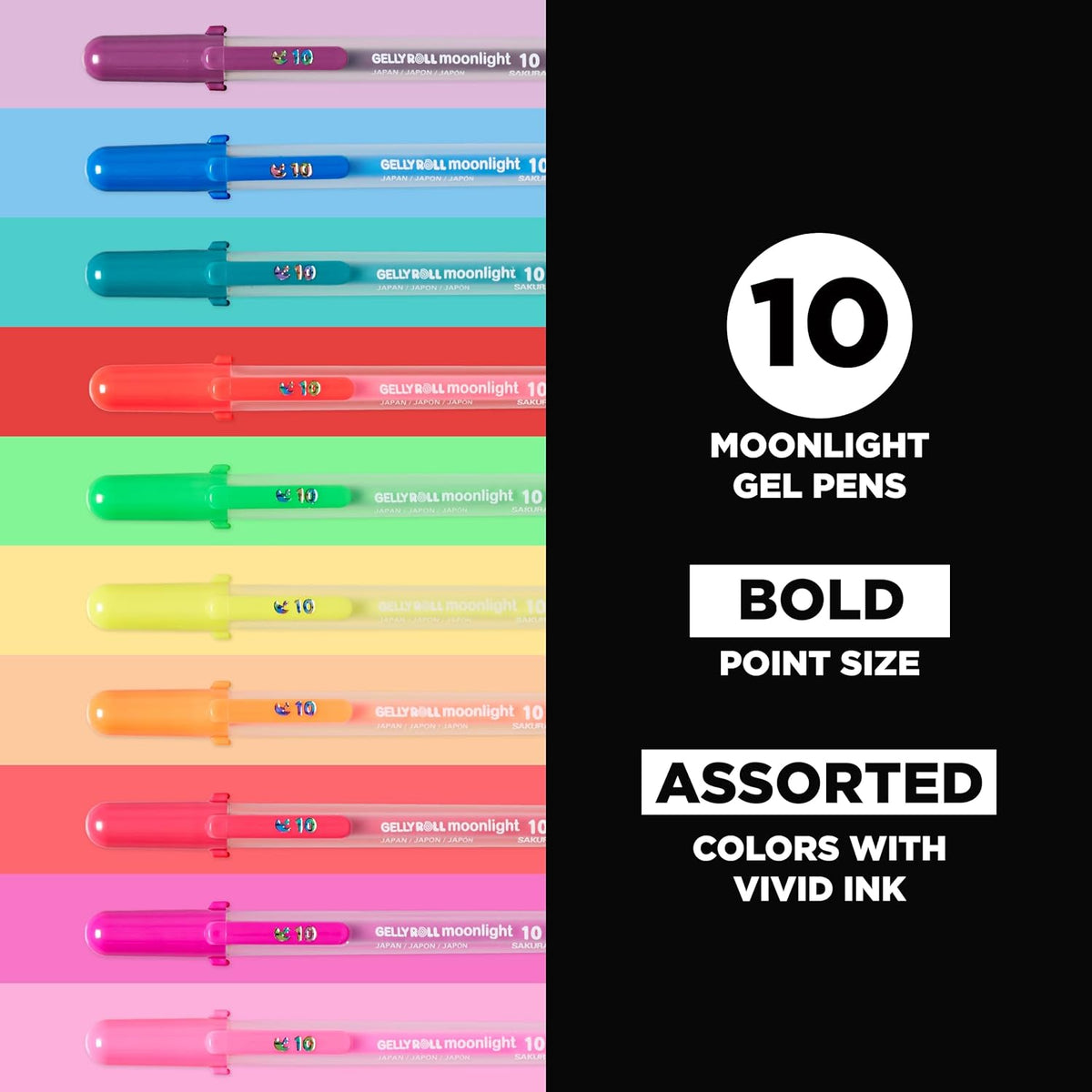 SAKURA Gelly Roll Moonlight 10 Gel Pens - Bold Point Ink Pen for Journaling, Art, or Drawing - for Art Gifts, DIY Projects - Assorted Bright Ink - Bold Line - 10 Pack