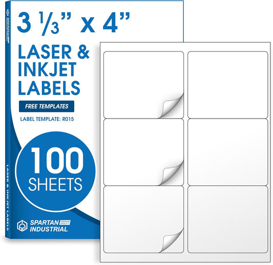3 1/3" X 4" Matte White Shipping Labels Compatible with Inkjet and Laser Printers - 100 Sheets, 600 Printable Stickers for Mailing, Product IDs, Organization - Spartan Industrial