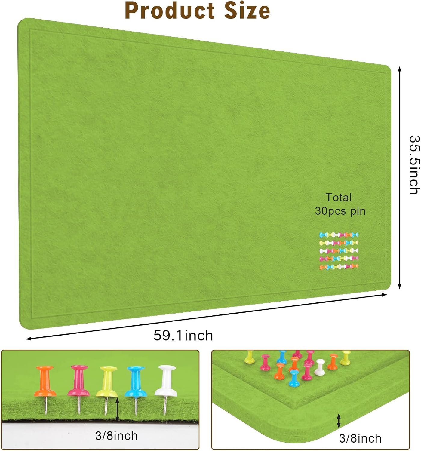 Large Bulletin Board - 60 X 36 inches Cork Board with 30 Pushpin, 5' x 3' Cork Board for Walls Pin Board, Self-Adhesive Felt Board Vision Board Foldable Photo Board for Wall (Foliage Green)
