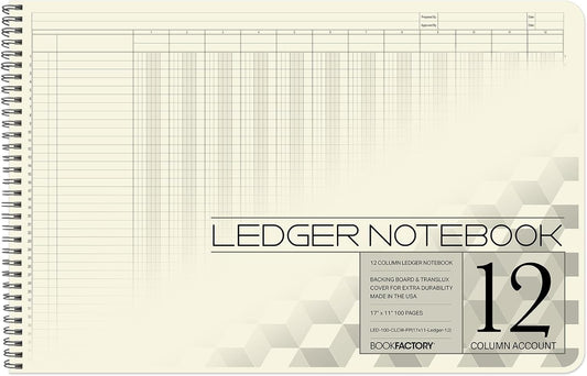 BookFactory Accounting Ledger Notebook/Large 12 Column Accounting Ledger Columnar (Twelve Columns) Log Book - 17'' x 11'', 100 Pages, Wire-O Landscape Format (LED-100-CLCW-PP(17x11-Ledger-12)-AX)