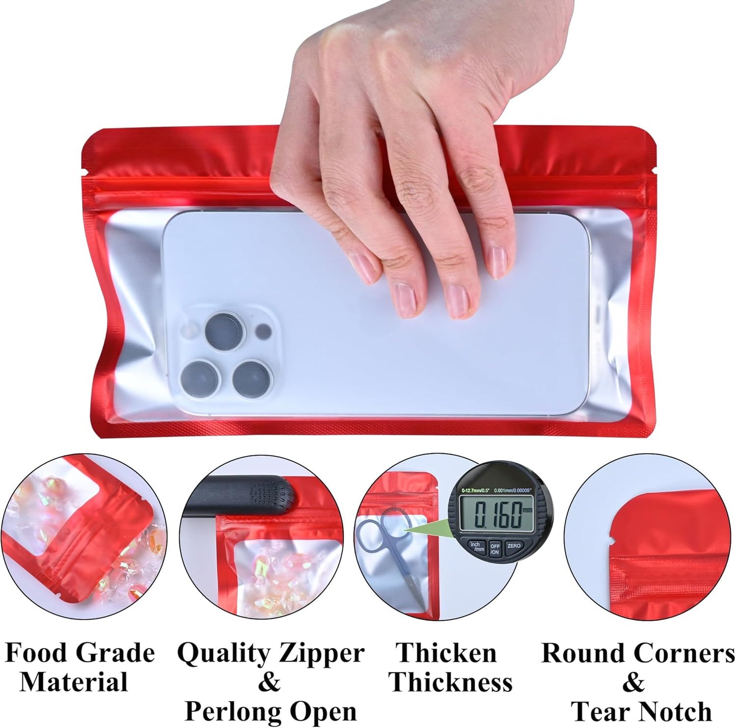 Resealable Mylar Pouch Holographic Bag Great for Office Home Party Favor Food Storage Cookies Sample Jewelry Snack (100PCS, Red Color, 5 x 8.6 inch)