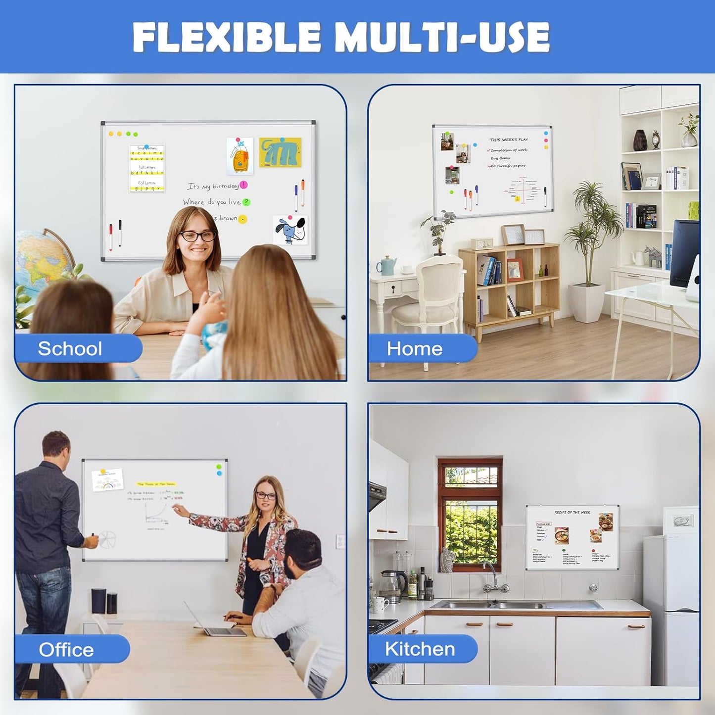 WALGLASS Large White Board, 60" x 40" Double-Sided Dry Erase Board Magnetic Whiteboard for Wall, Hanging Mounted Whiteboard Silver Aluminium Frame for Home, School, Office