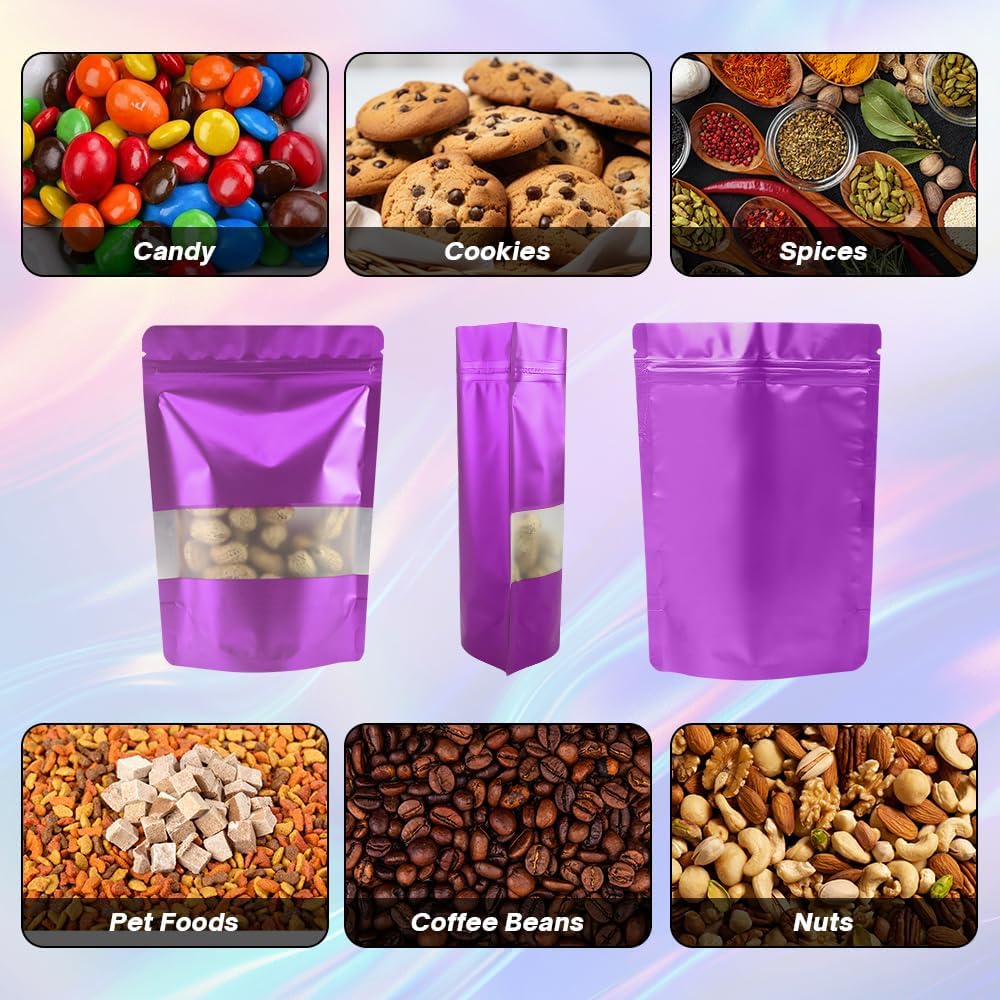 Purple Smell Proof Packaging Bags,Mylar Clear Bags for Food Storage,Sealable Bag for Packaging,Stand Up Pouches with Window,ReSealable Bag for Small Business,Cookies,Candy