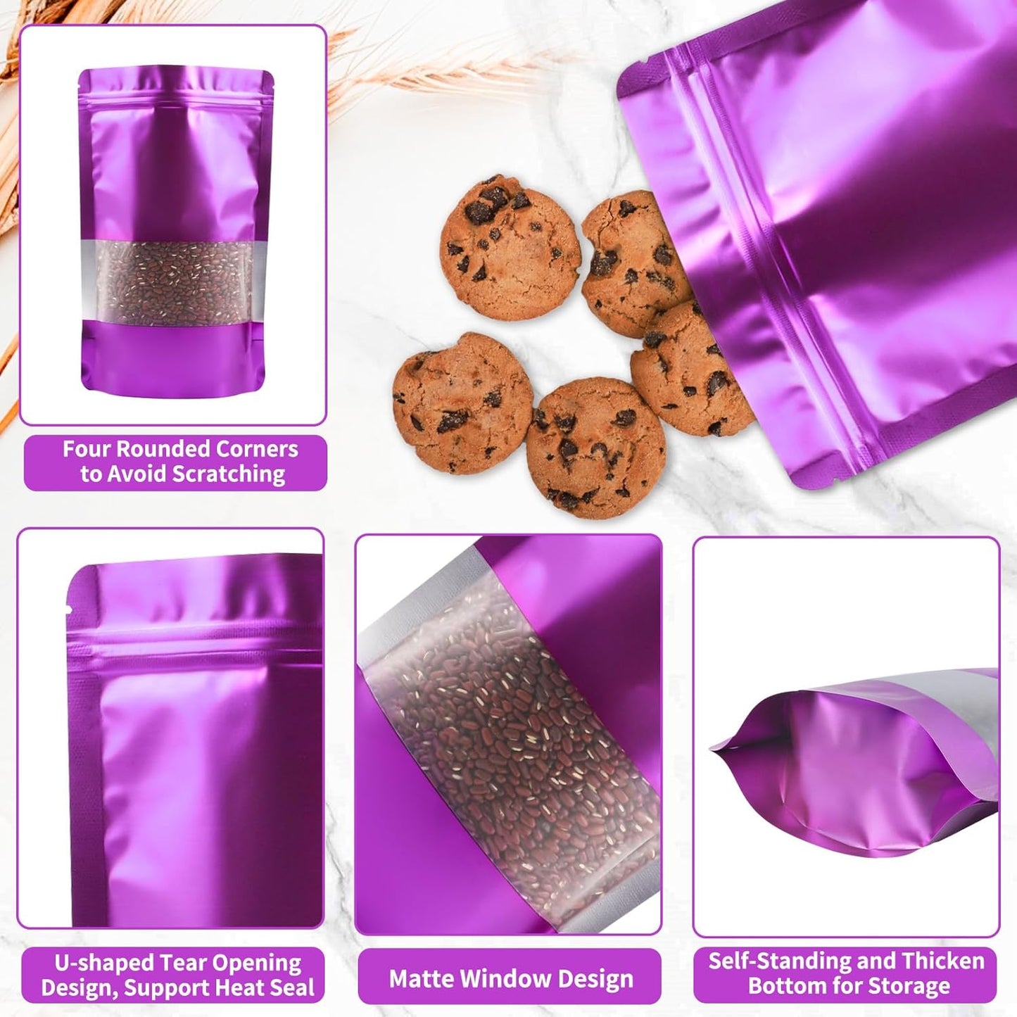 100 Pack Smell Proof Bags, Resealable Purple Mylar Bags with Matte Window, Foil Pouch Stand Up Sealable Bags for Packaging, 5.9 × 8.66 Inch