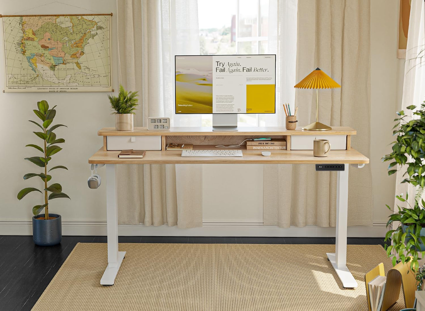 FEZIBO 55 x 24 Inch Height Adjustable Electric Standing Desk with Double Drawer, Computer Desk, Home Office Stand Up Table with 4 Height-Adjustable Feets & 2 Hooks, Maple