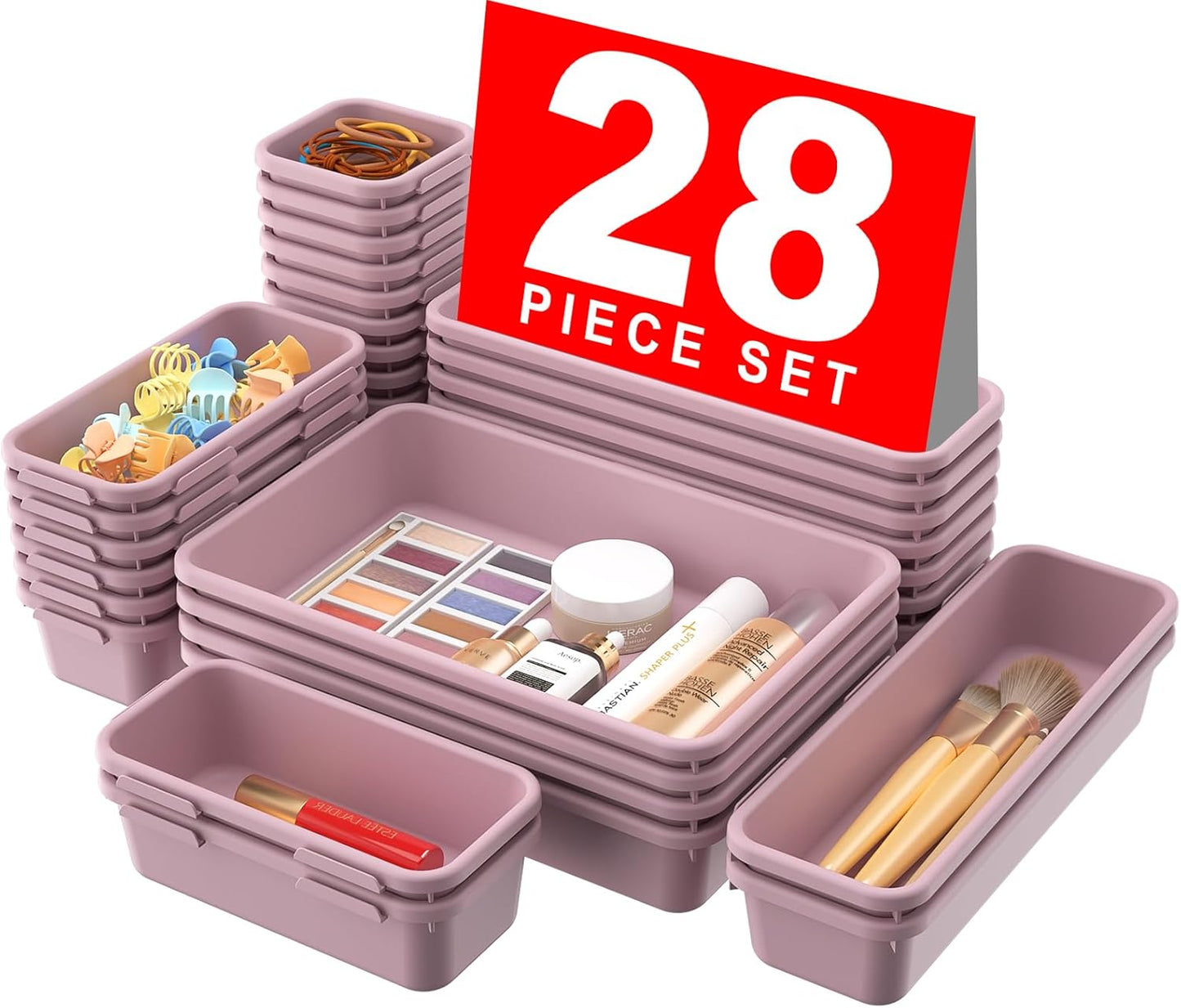 【28PCS】A-LUGEI Drawer Organizer, Bathroom Organizers and Storage, Makeup organizer, Desk drawer organizer, Storage Bins for Kitchen Office Bedroom Vanity Jewelry Pantry Garage【Purple】【4Size】